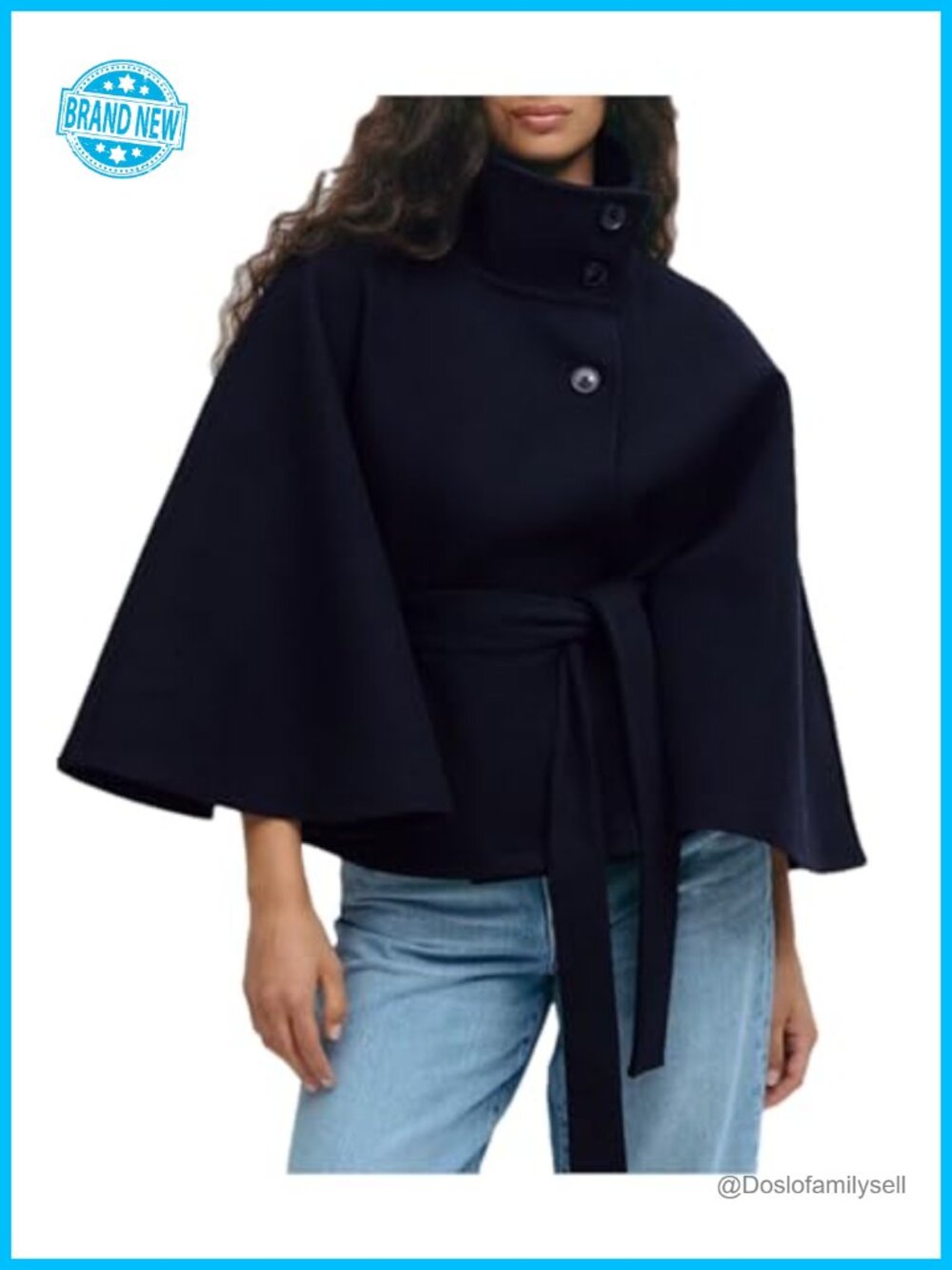 Oversized Batwing Sleeve Wool Blend Poncho Cape Pea Coat Button Winter